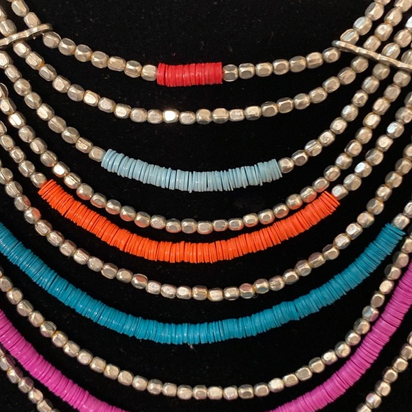 African Boho Plastic and Silver Beaded 10 Tiered Necklace - Picture 2 of 6